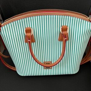NWOT Dooney & Bourke Women’s coated Cotton Domed Satchel Green & White Stripe